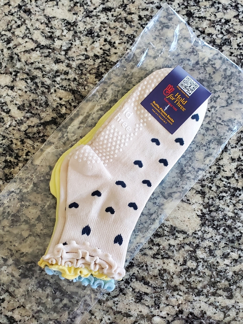 NWT Hold For Three Pilates Ruffle Socks Set - Cream with Hearts, Yellow & Blue
